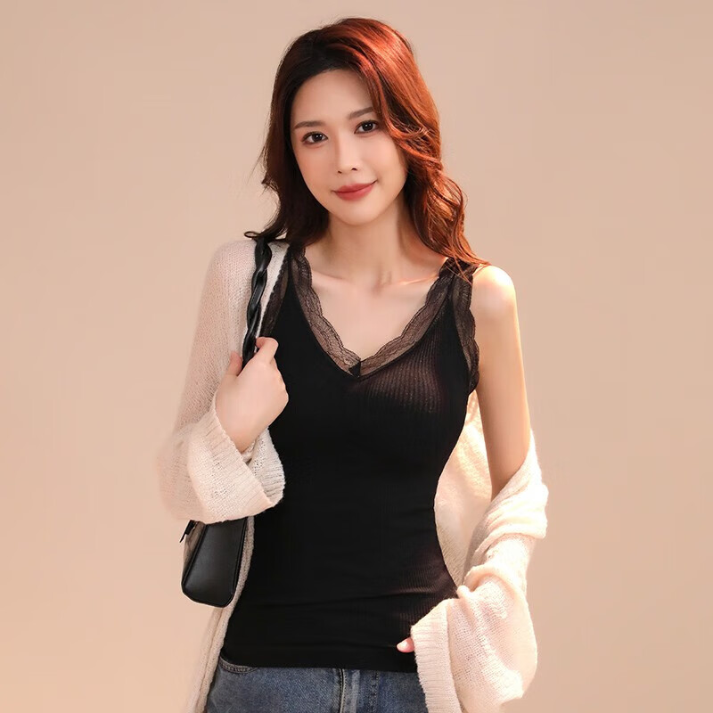 六月玫瑰(Junerose)保暖内衣女春秋新款加绒加厚蕾丝打底保暖背心女2件装1 黑+灰 均码F(85-120斤)