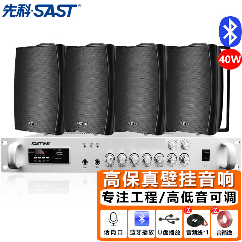 先科（SAST）DW40壁挂式音响音套装40W箱喇叭180W蓝牙功放店铺商用工程会议舞蹈室家用餐厅广播背景音乐一拖四