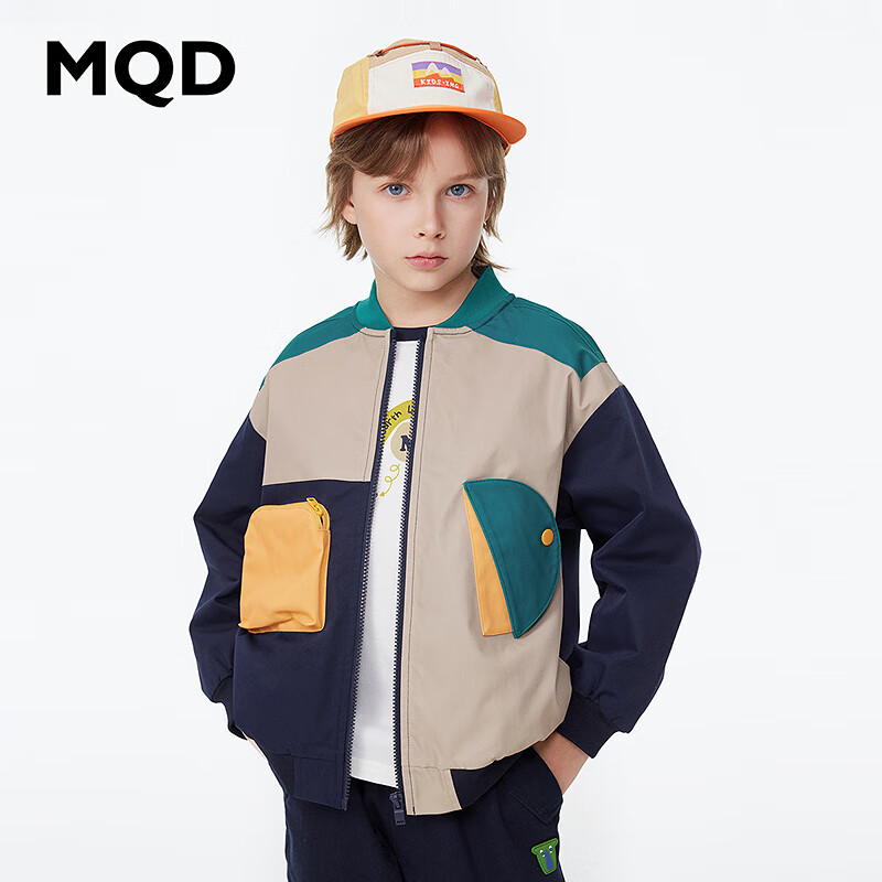 MQD童装男童外套2024春不规则撞色拼块时尚落肩儿童棒球服 藏青 120