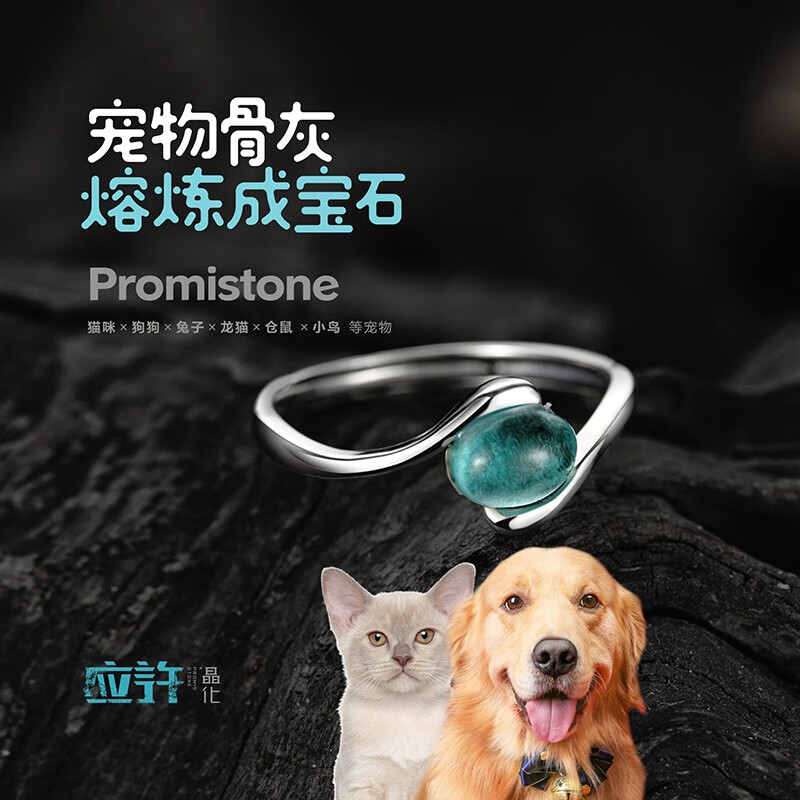 宠物骨灰晶石戒指猫狗s925银饰指环善终定制纪念品罐盒碑定制火化