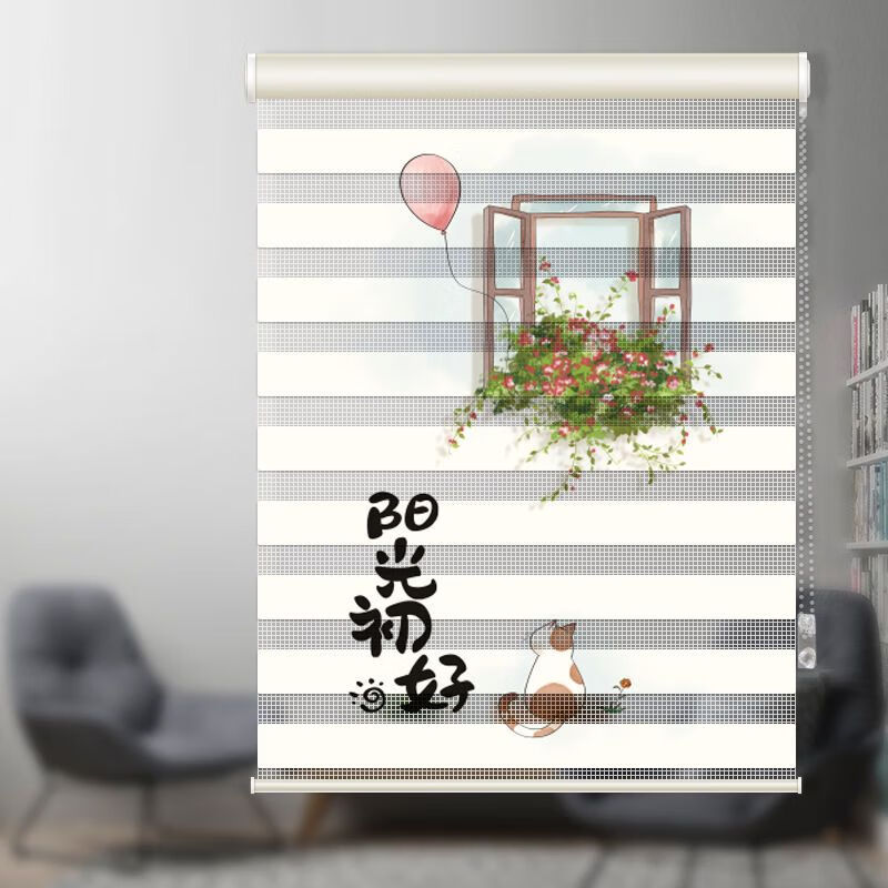 双层柔纱帘百叶卷帘印花客厅卫生间浴室防水帘升降免打孔窗帘 g3165