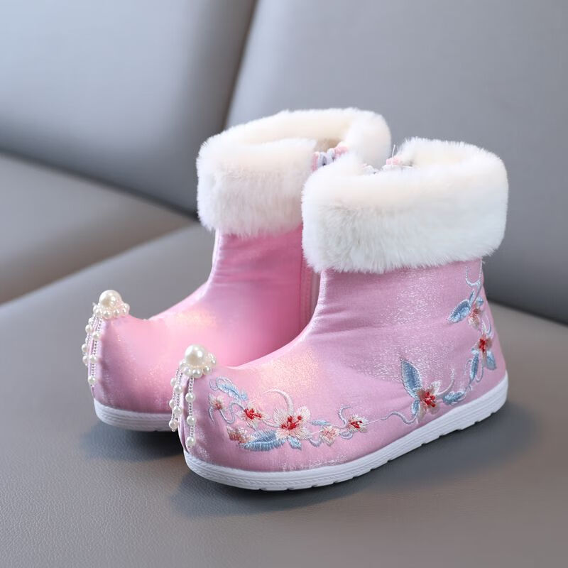 冬季儿童加绒加厚手工布鞋女宝拜年服配鞋儿童汉服新款 栀子花粉色 24