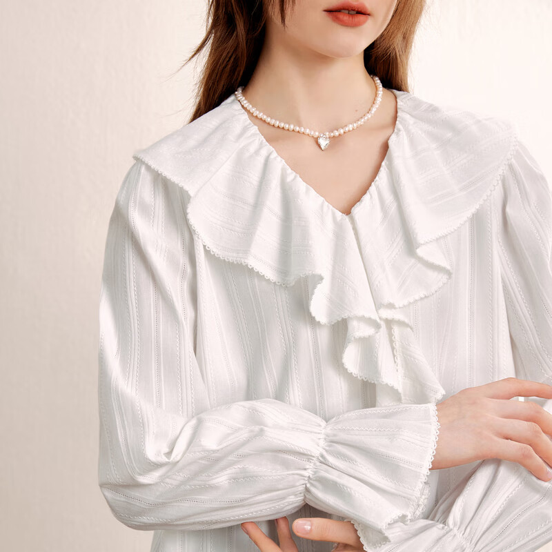 乐町大荷叶边上衣新款秋季长袖甜美浪漫女士百搭超仙衬衫 白色（现货） S