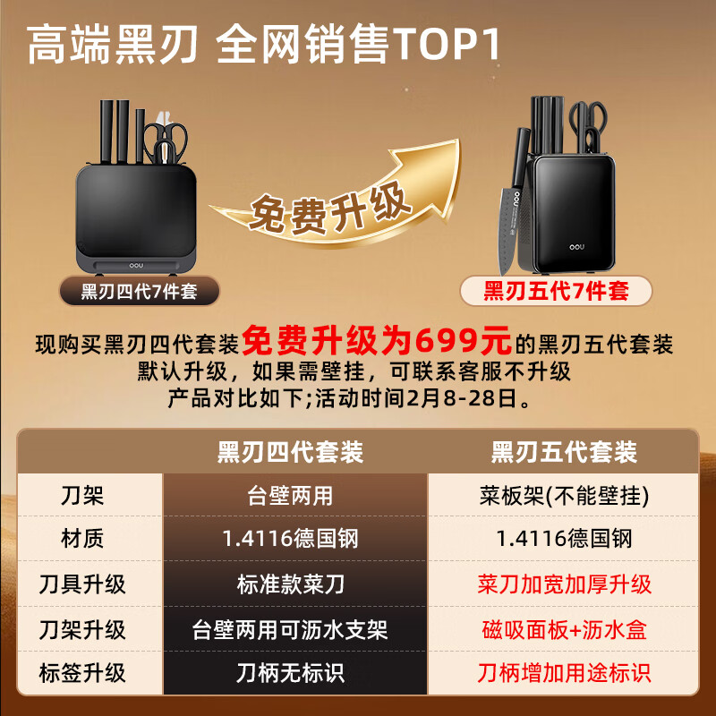 OOU刀具套装家用厨房抗菌剪刀切菜刀水果组合德国进口不锈钢七件套刀 黑刃4代7件套