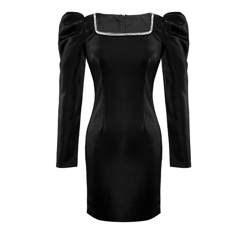 tomms)严选2024秋装新款女设计感镶钻方领修身泡泡袖连衣裙法式小黑裙