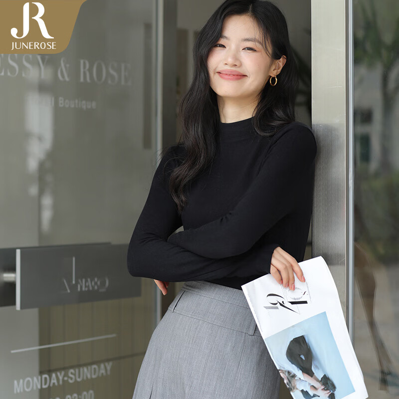 六月玫瑰 打底衣含羊毛加绒打底衫高弹小立领上衣可外穿针织毛衣女保暖衣 绒绒黑-小立领 L (100-120斤)