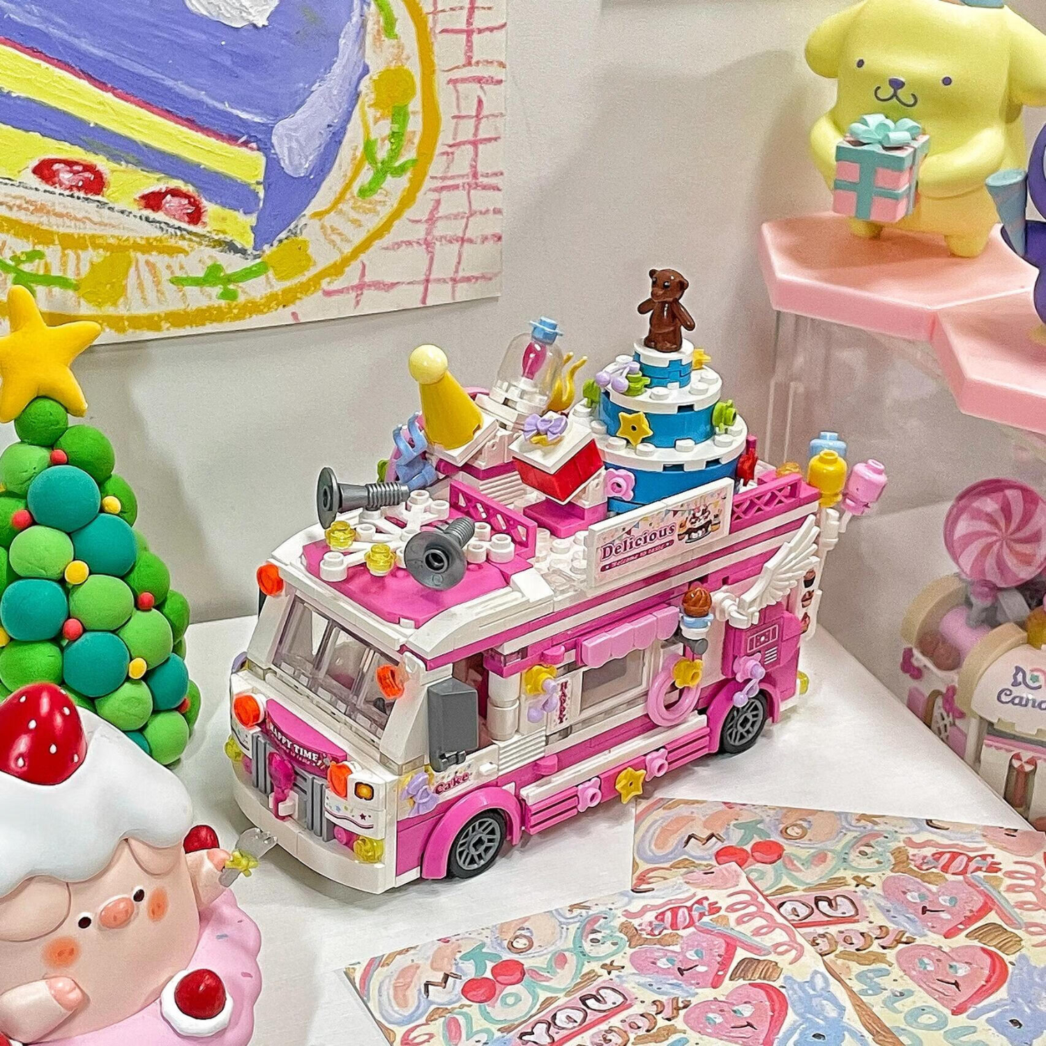 哲高 积木拼装雪糕车冰淇淋汉堡车美食车儿童玩具送女生生日礼物 00889蛋糕车-608PCS