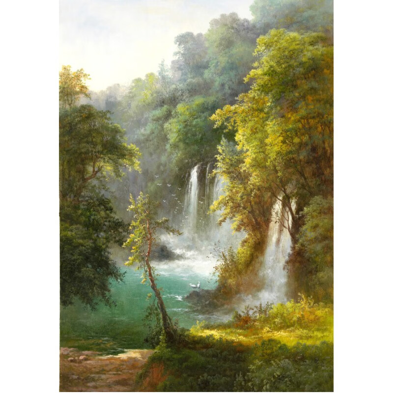 艺幻手绘临摹油画风景油画瀑布流水聚宝盆竖版入门玄关画客厅装饰画