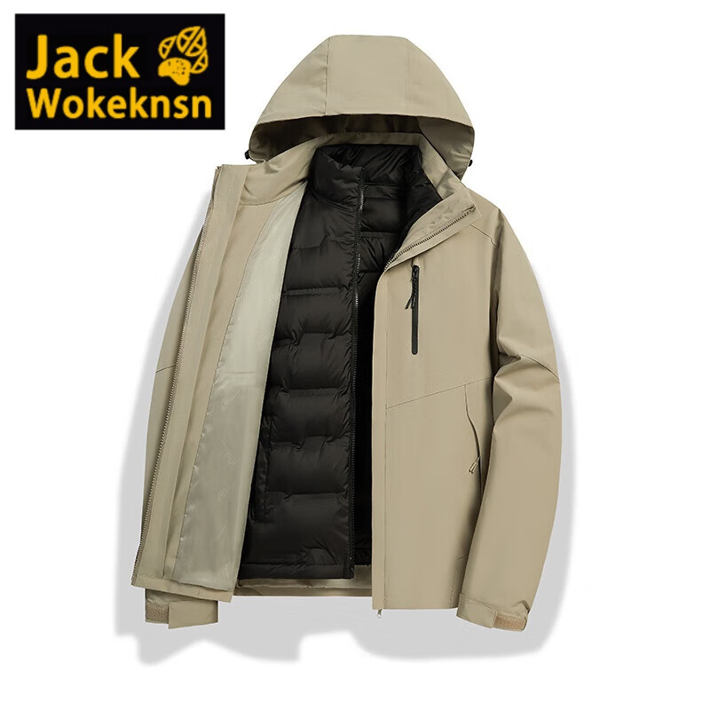 JACK WOKEKNSN狼爪云冲锋衣男女羽绒三合一情可拆卸户外秋冬加厚防风情侣外套 99536黑色男-羽绒三合一 XL