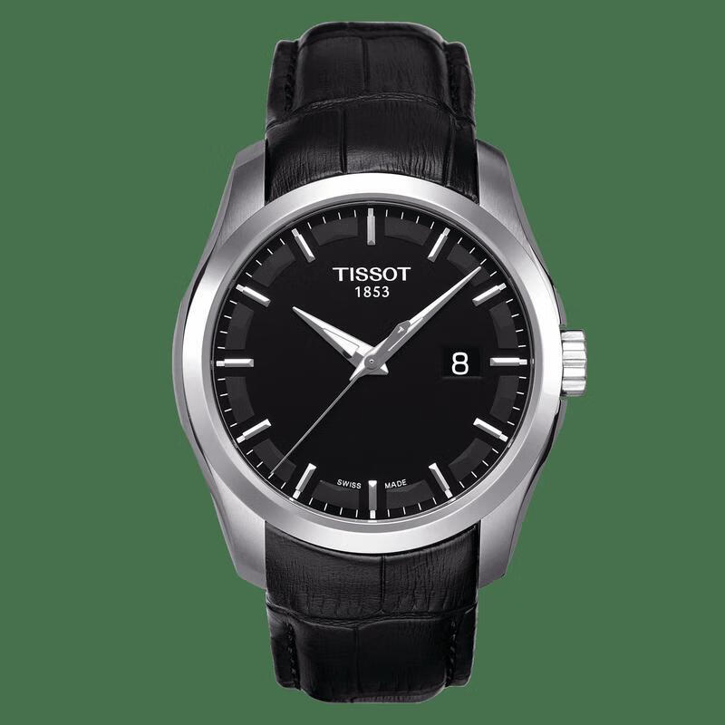 天梭(tissot)瑞士手表库图系列夜光指针黑盘日历皮带商务休闲男士石英