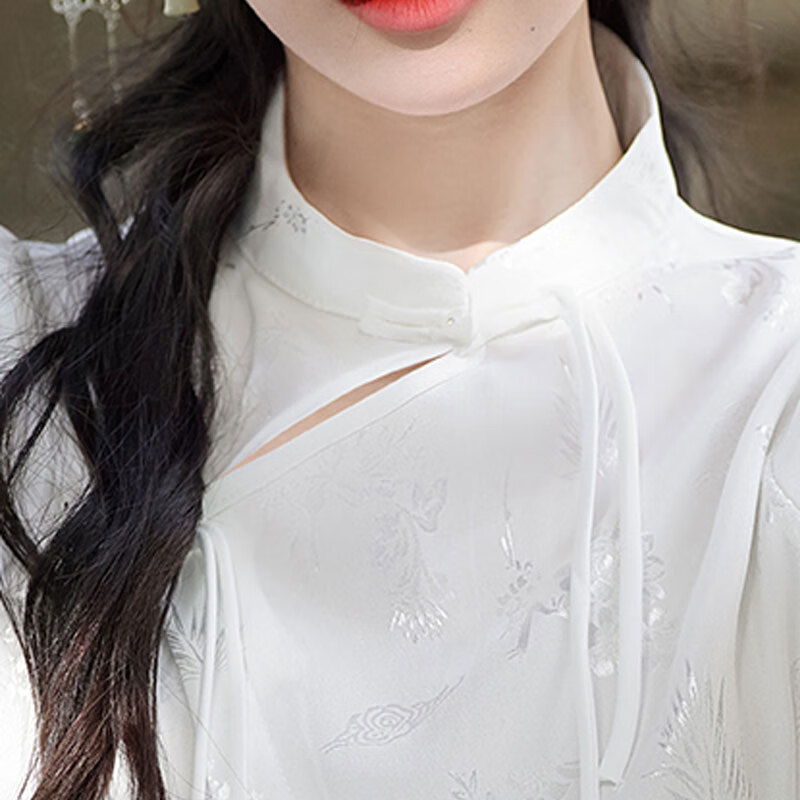 子牧棉麻夏装 女新中式盘扣斜襟提花上衣一片式国风印花短裙套装2326 白色上衣+蓝色半身裙 S(建议80-100斤)