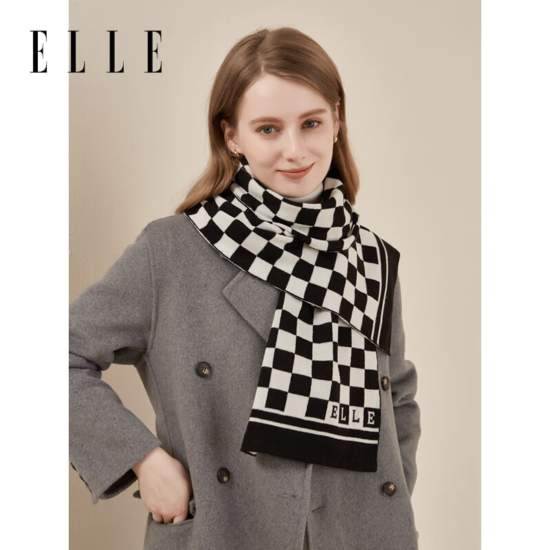 ELLE女士围巾棋盘格子羊毛针织围巾男秋冬保暖百搭黑白格提花围脖 黑白格