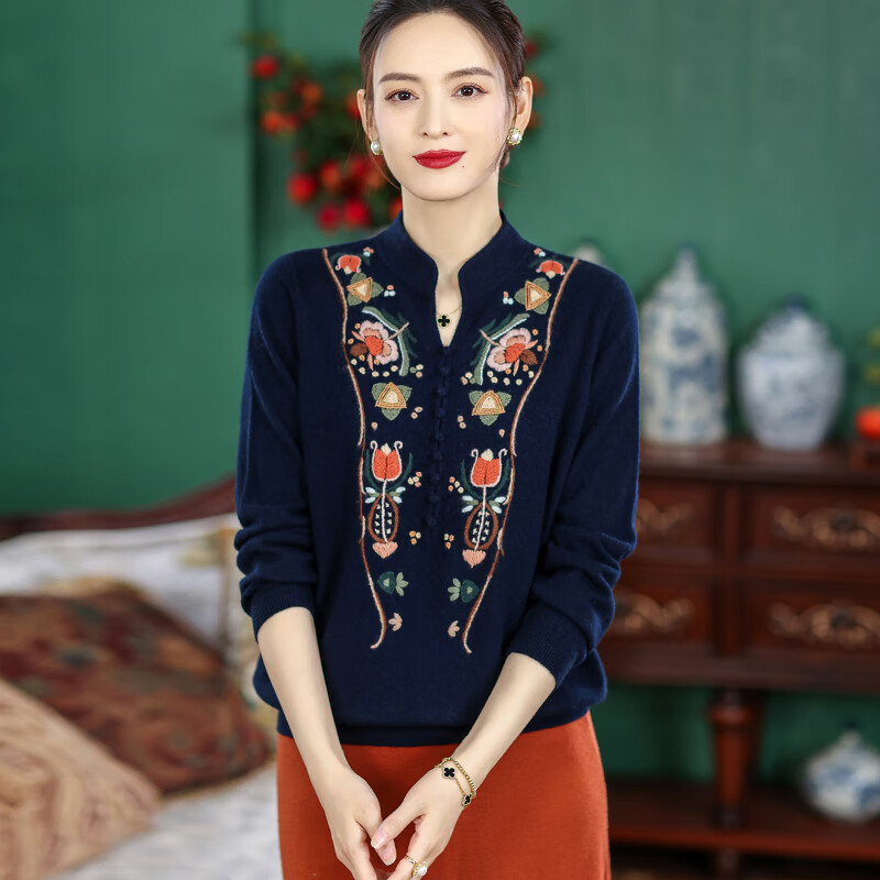 素丝五祁（SUSIWUQI）半开领民族风精绣山羊绒 气质百分百羊绒针织上衣 优雅 SY3853 藏青色 XL