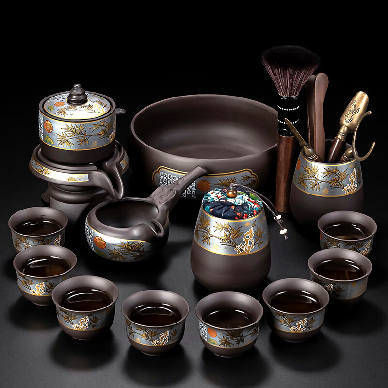 正扬紫砂懒人功夫茶具套装家用自动整套旋转石磨防烫泡茶神器茶壶礼物 紫砂自动(竹韵)8杯+茶罐道洗