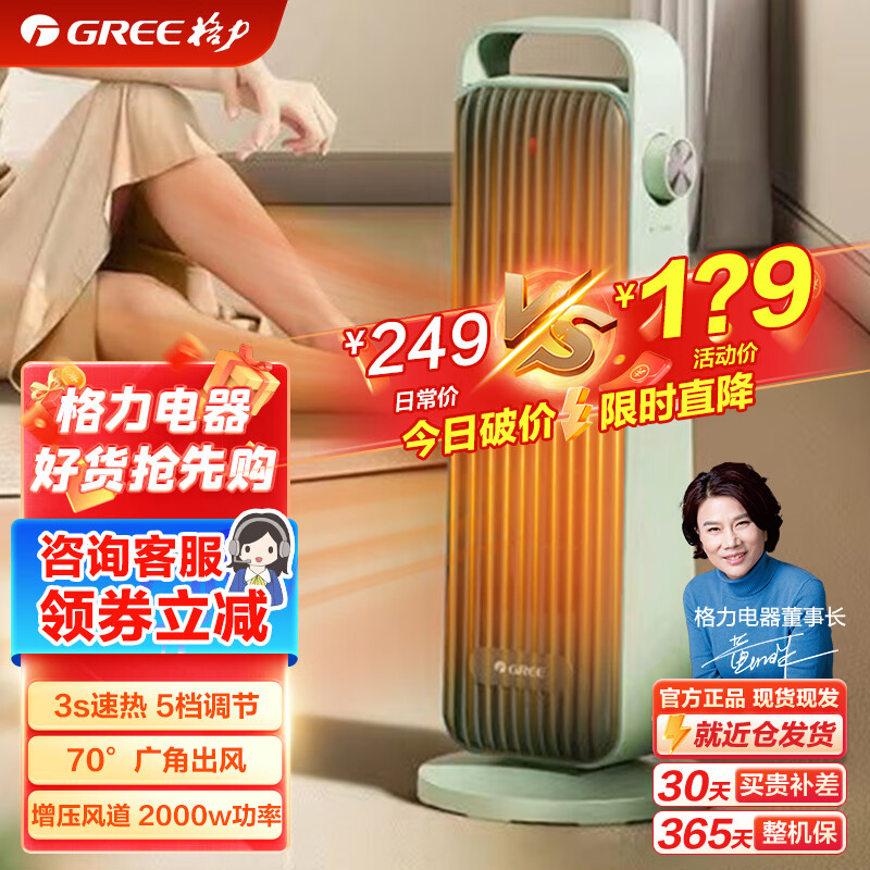 格力（GREE）家用取暖器 电暖气片 速热暖风机 电暖器烤火炉 电热油汀 折叠踢脚线取暖器 小太阳取暖 NFTA-X6020a 机械款 薄荷绿