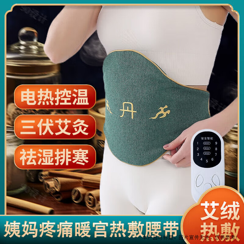 同仁堂护腰保暖冬天用艾灸宝电加热艾草热敷包暖胃肚子腰疼袋家用电热 可拆洗绿色1套+2替换芯 艾绒红花金丝腰腹宝气沉丹