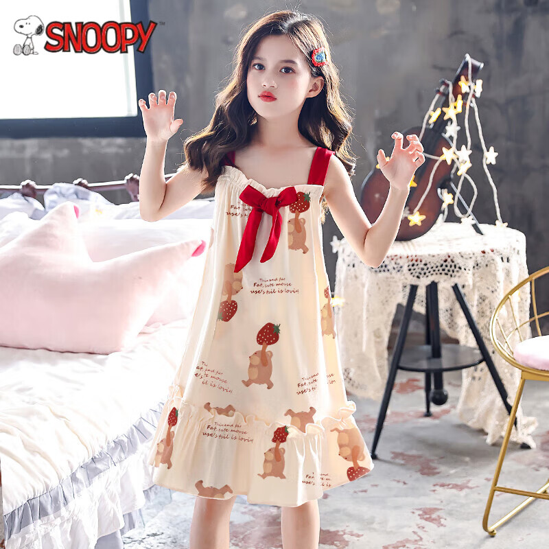 史努比（SNOOPY）女童睡裙吊帶夏季薄款兒童睡衣女孩小孩純棉夏天中大童公主家居服 07#草莓吊帶裙[純棉] 100 cm([小童]8碼(建議100-110