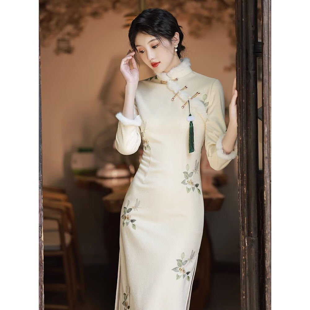 szel旗袍冬季女加绒改良加厚少2023新中式长袖高端气质年轻款日常可穿