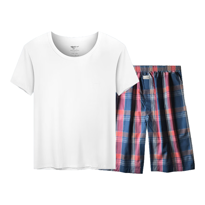 七匹狼睡衣男纯棉家居服套装薄款睡衣睡裤全棉家居短裤宽松版外穿睡衣 白色短袖+深蓝中裤 XL (175) (建议125-145斤)