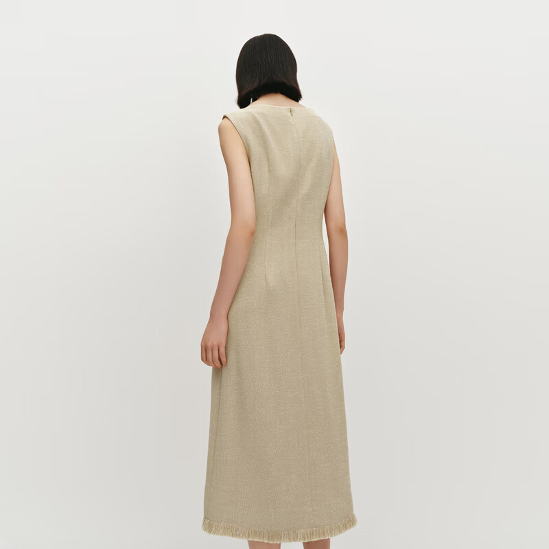 OVV2024秋冬新款女装优雅一字领修身流苏无袖背心连衣裙 燕麦色 M