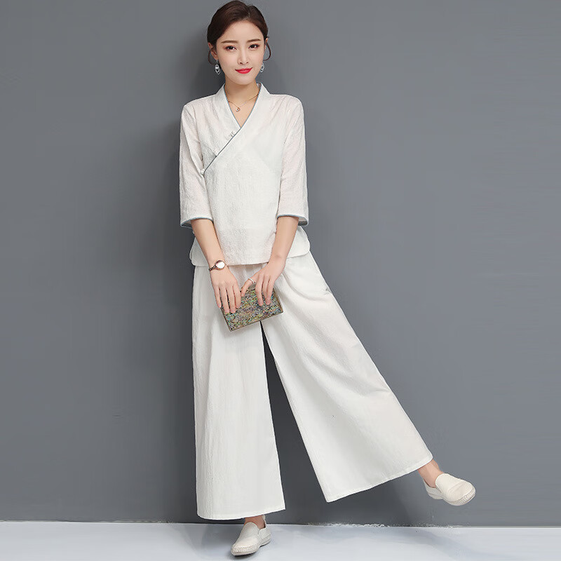 锦鸽丽美容院工作服女装瑜伽套装茶楼棉麻理疗养生艾灸馆 白上衣7分袖