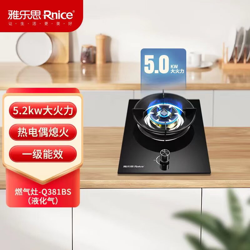 雅乐思Q381BS家用燃气灶 国标一级能效 铜质火盖 5.0kw大火力猛火灶合金镀铜炉头台嵌两用-门店自装 液化气
