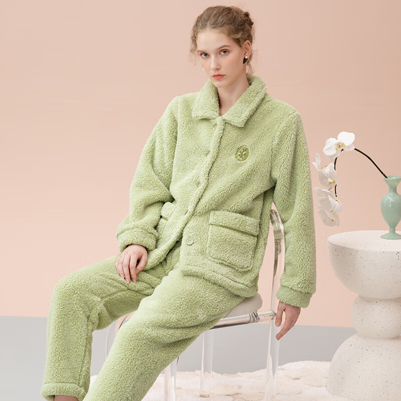 玛伦萨（manza）睡衣女秋冬季双面绒加厚保暖可外穿可外穿长袖长裤女士家居服套装 草绿 L