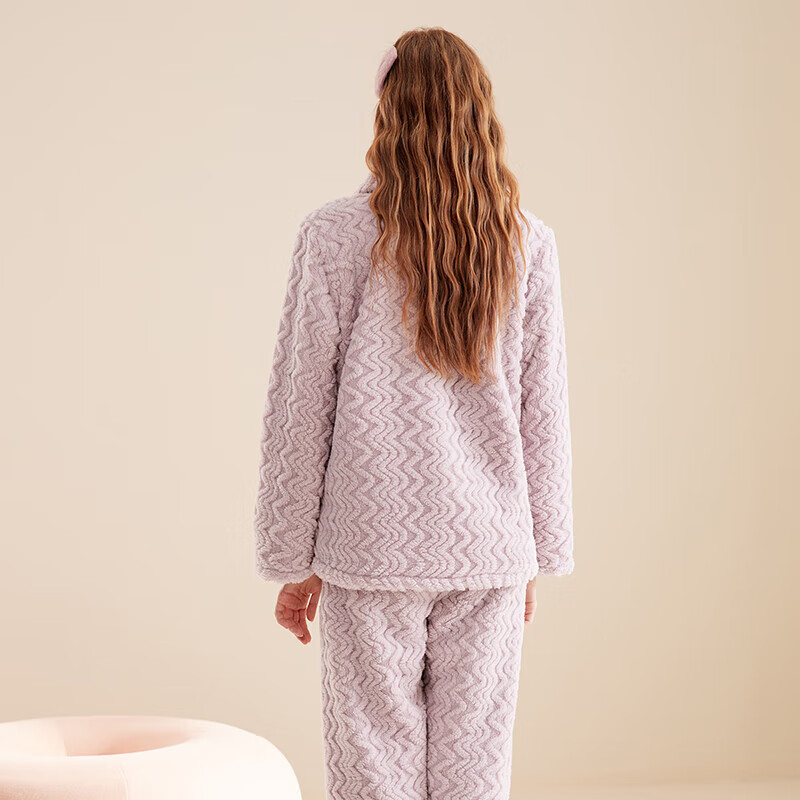 芬腾睡衣女【加厚暖绒】秋冬季少女感保暖翻领开衫长袖家居服套装 香芋紫 2XL