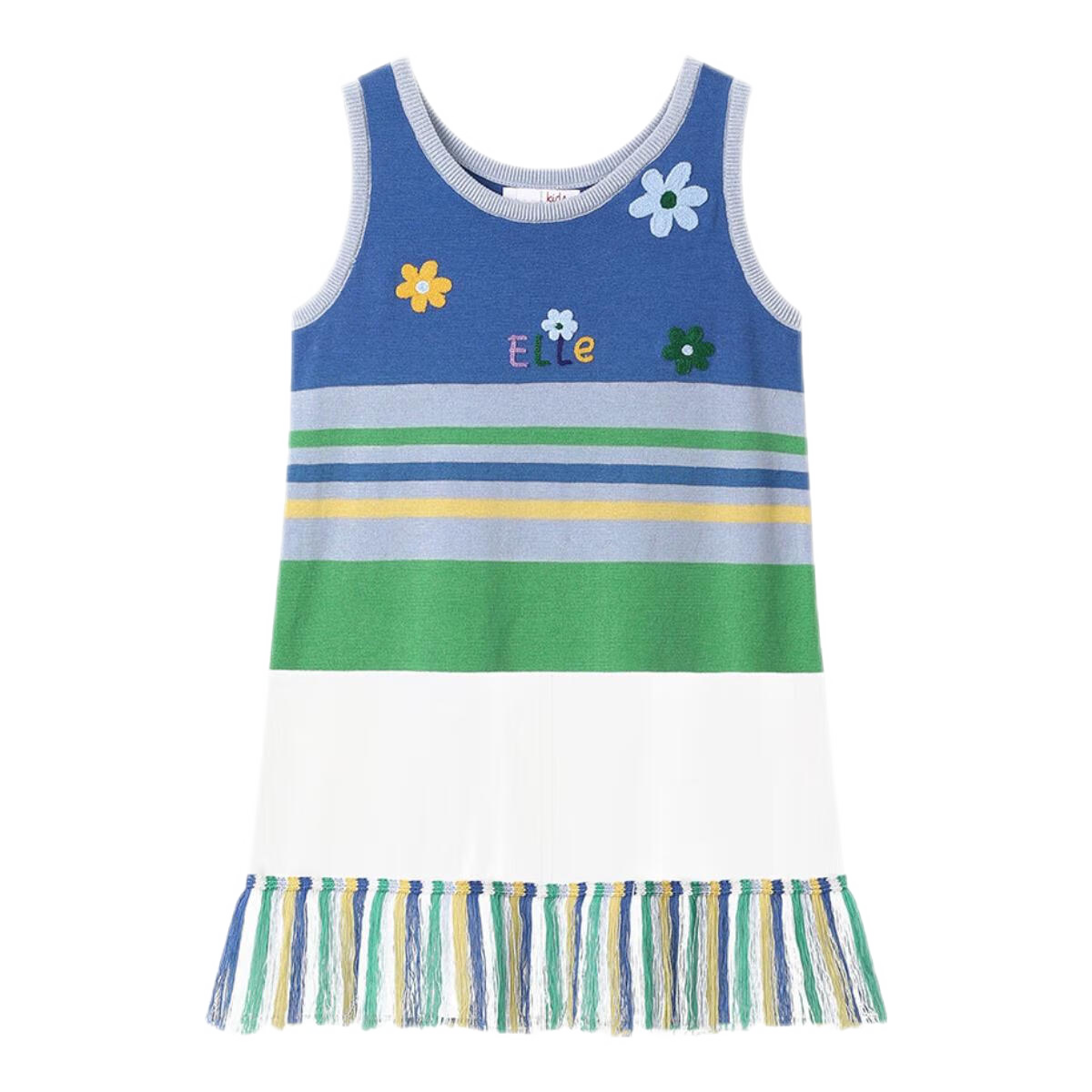 ELLE KIDS童裝 法式手工花朵毛線繡背心裙女童夏季新款流蘇連衣裙 白藍條 120 （110/120）
