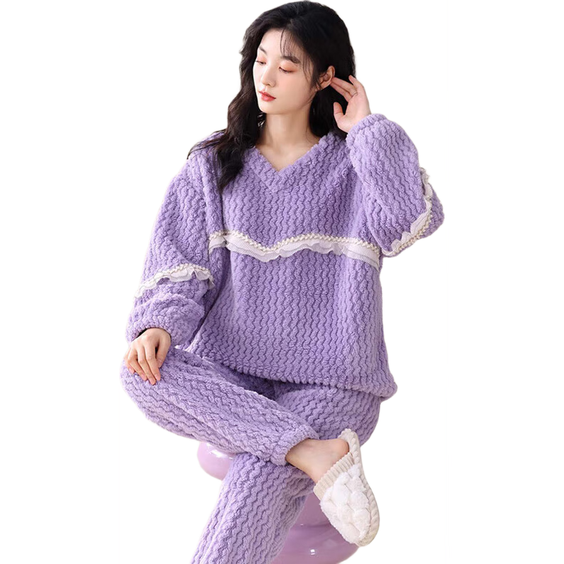 多拉美睡衣女秋冬珊瑚絨長袖加絨保暖法蘭絨秋冬季女士家居服套裝 L