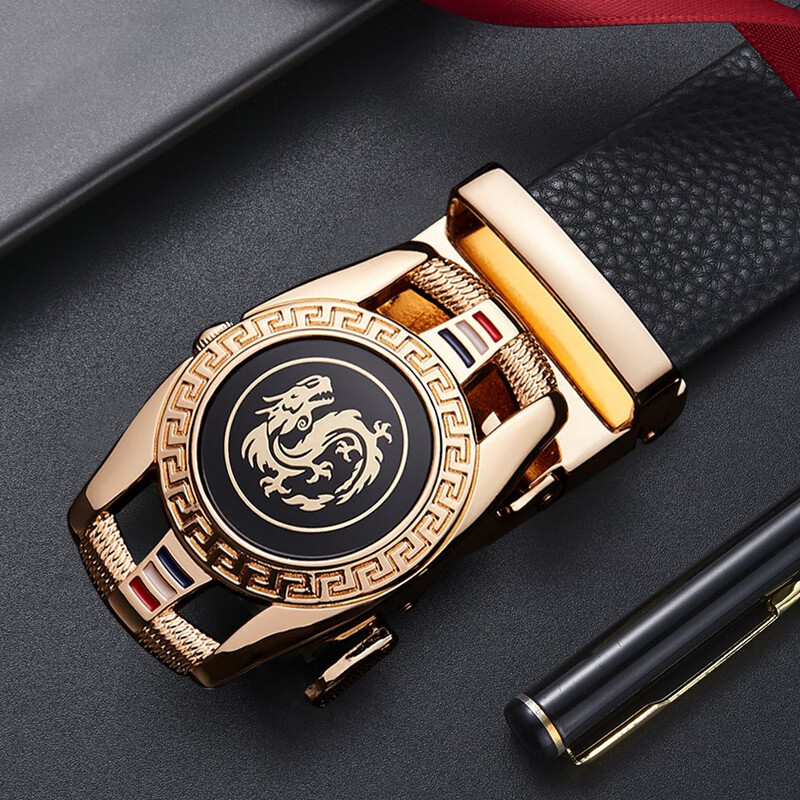 CHALKIN男士皮带真皮自动扣头层牛皮龙头图案腰带中青年裤腰带送老公礼物 银色龙图腾 125cm 体重160-175/裤码37-39