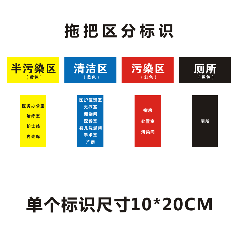 医院拖把抹布分区使用颜色标识提示标签墙贴防水背胶医院病房红黄绿
