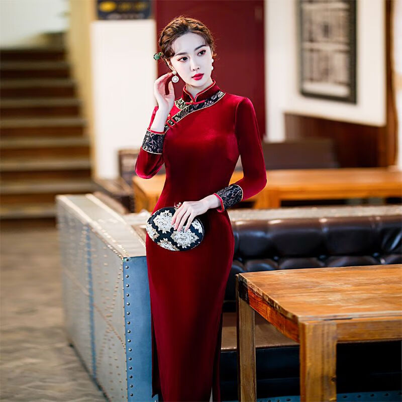 旗袍改良版女高端长款妈妈装绣花秋冬黑色高档贵夫人 枣红色不加绒 m