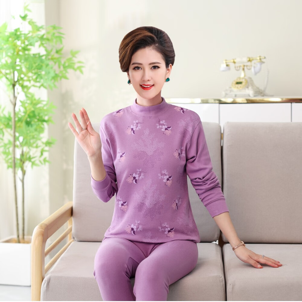 apygqv暖新潮流中老年女士印花秋衣秋裤保暖内衣高领保暖内衣套装 芋