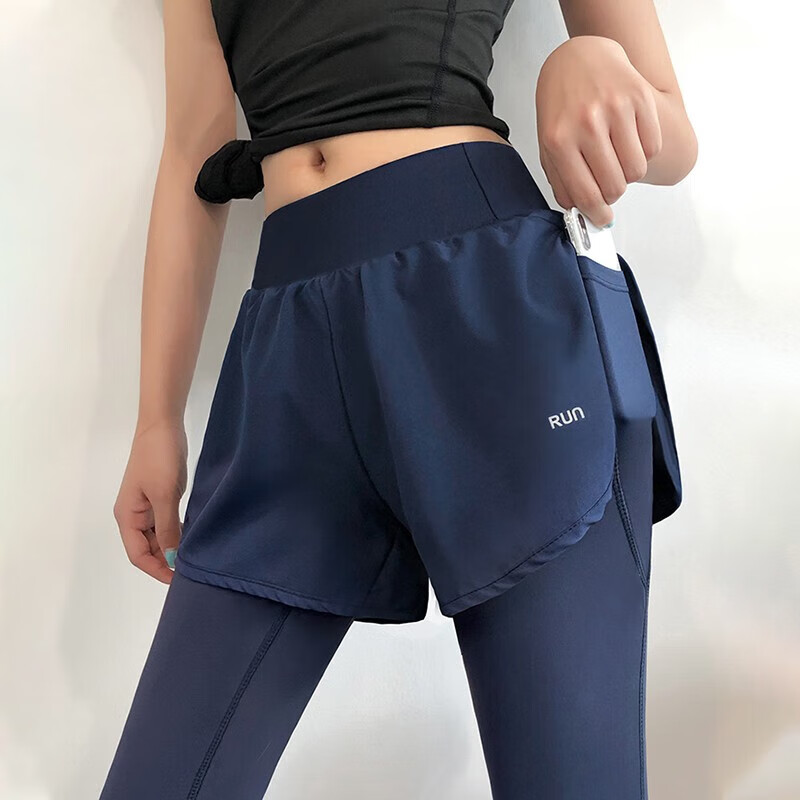 佑游瑜伽裤女健身服长裤外穿假两件高腰提臀弹力紧身跑步训练运动裤 深蓝色 S