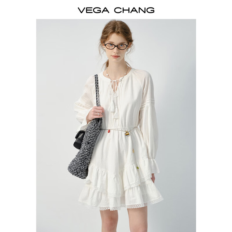 VEGA CHANG白色连衣裙女2026春新款法式V领长袖高级感蕾丝裙子 云朵白(长袖) S 京东折扣/优惠券