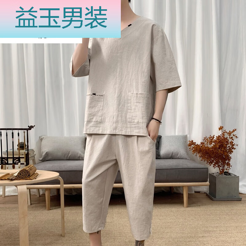 珂纷(kefen)夏季睡衣男亚麻中国风唐装中国风棉麻睡衣男汉服夏宽松