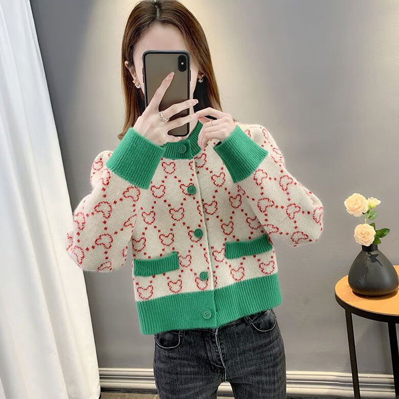 介彬女士小个子开衫毛衣女加厚短款拼色小香风短款洋气针织衫外套2023