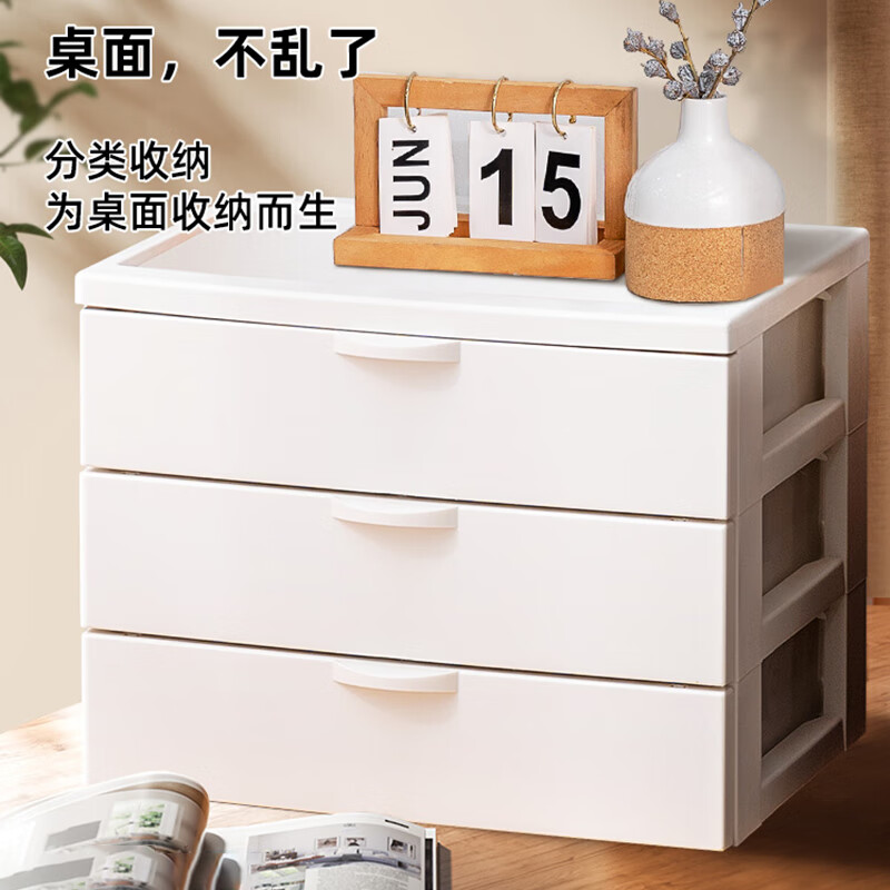 爱丽思(IRIS)学生桌面抽屉式收纳盒小物化妆品收纳盒宿舍书桌文具文件整理盒 【3层】白色 36.2*27*26cm