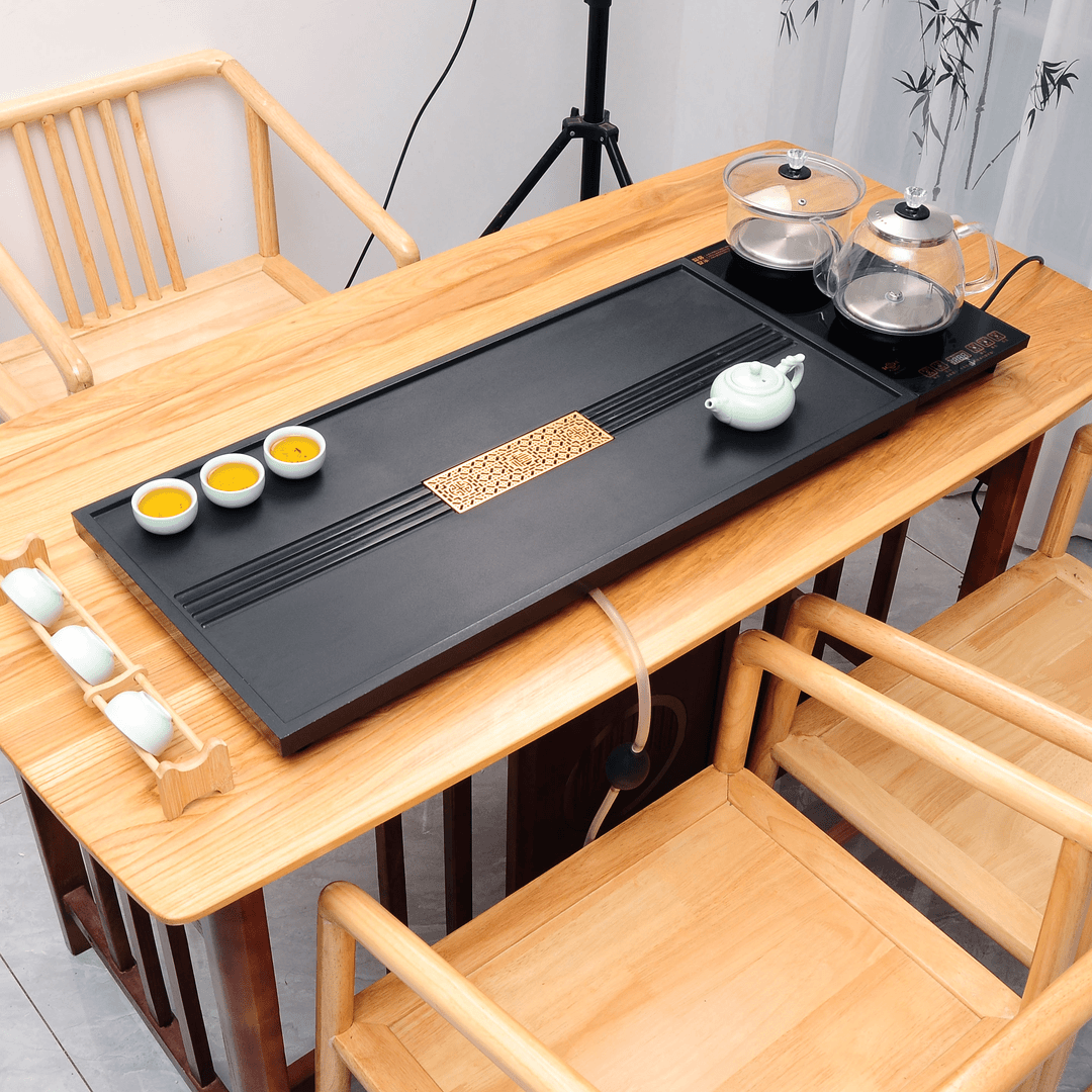 合成乌金石茶盘套装全自动上水一体石茶盘整套办公家用茶台茶盘 88*37长窗花+玻璃茶炉 分离式