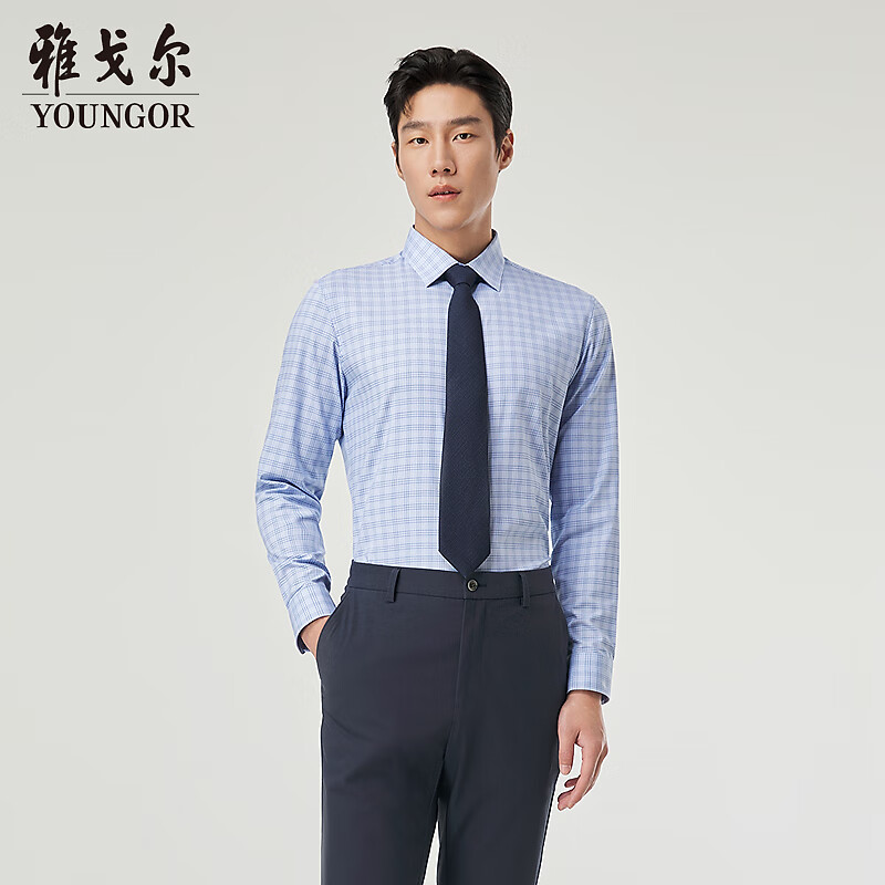 雅戈尔长袖衬衫格纹【桑蚕丝】微弹亲肤细腻柔软有型通勤男衬衣 蓝色格纹 40 （175/92A）