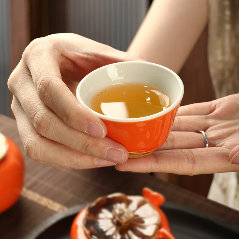易信一壶四杯带茶叶罐套装柿柿如意组合陶瓷柿子六件套送礼礼盒包装 柿柿如意六件套