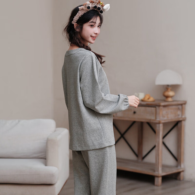 芬腾睡衣女春秋季新款纯棉V领长袖套装大码休闲可外穿开衫家居服 花灰 2XL 建议:145-160斤