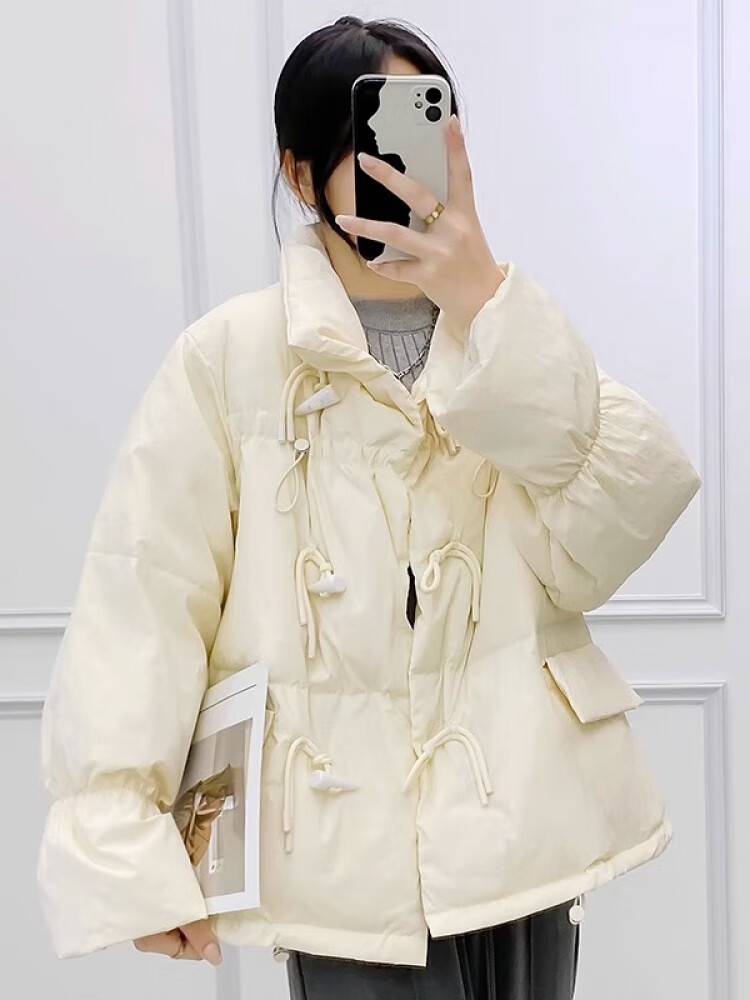 韩系宽松牛角扣羽绒棉服女短款2024新款韩版宽松棉衣面包服外套 白色