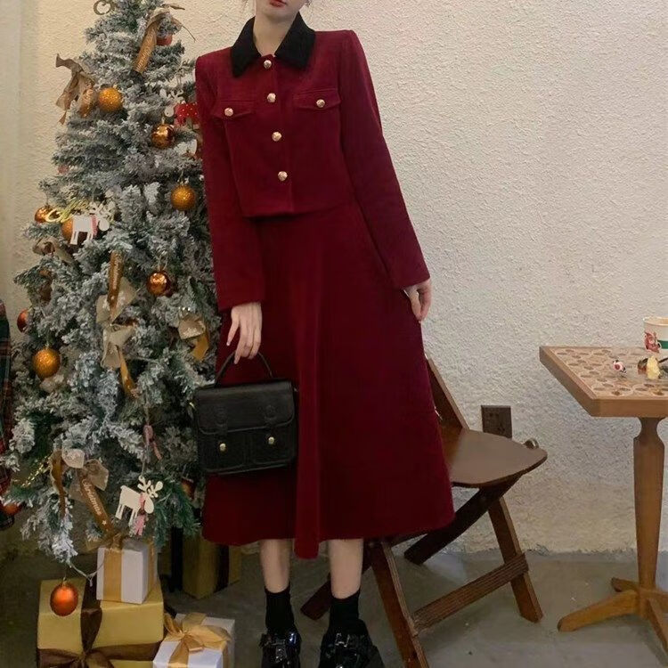 女装显瘦套装冬季小个子大码法式小香风裙两件套秋冬新款复古 酒红色