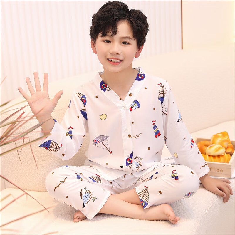 飾雯兒童棉綢睡衣夏季男童女童小孩寶寶棉綢薄款空調長(cháng)袖家居服套裝 開(kāi)衫套裝帆船 65號建議穿90cm