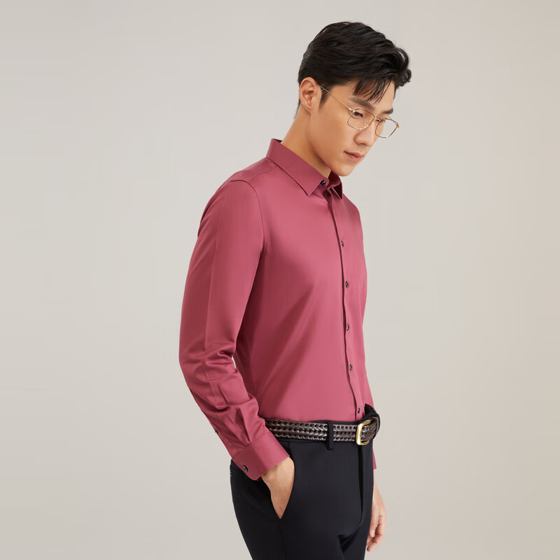 雅戈尔衬衫男【DP免烫棉弹】易打理春季纯色长袖衬衫商务不易皱衬衣官方 红色GLDD100217MFY 44