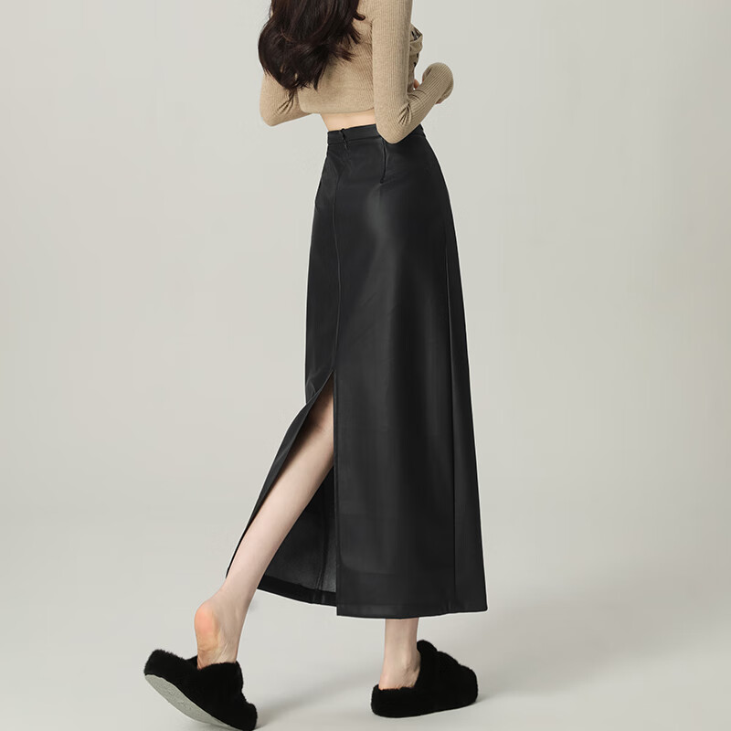 艾格（Etam）黑色開(kāi)叉皮裙女2024秋冬高腰a字直筒一步pu皮半身包臀長(cháng)裙子 黑色 XS
