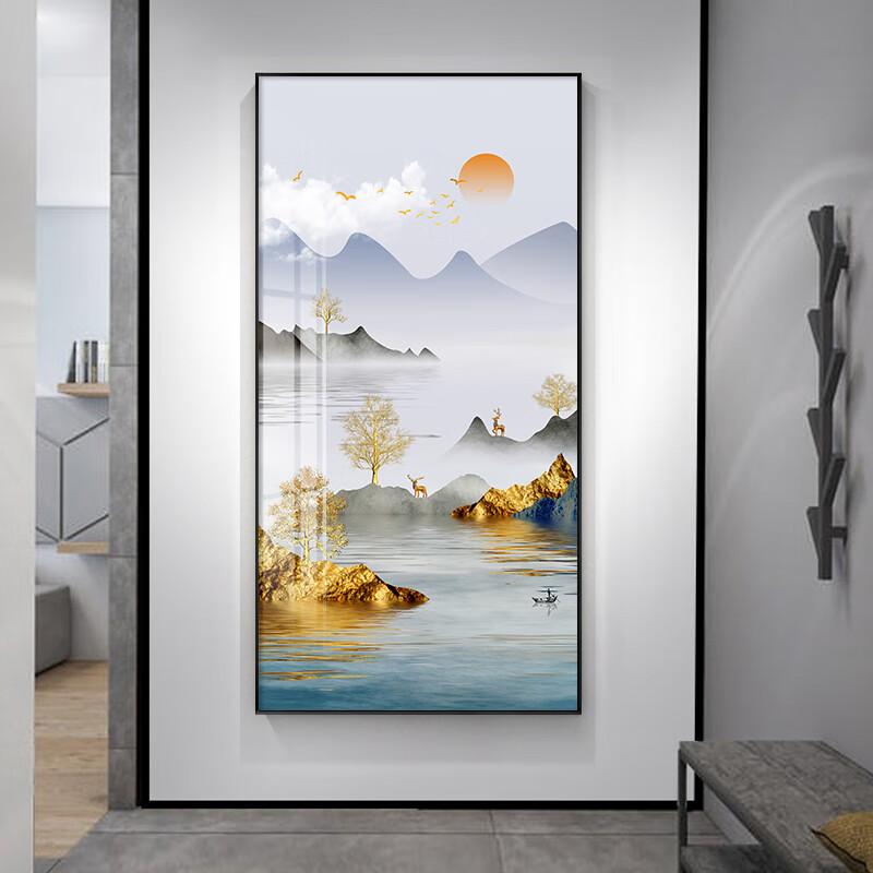 hill fox高端品牌玄关山水画竖版现代轻奢走廊挂画新中式客厅风景入户