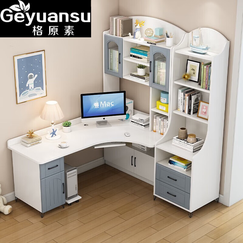 格原素（geyuansu）2024新款 实木电脑桌家用卧室学习桌子写字台带书柜转角书桌书架 J款140长110桌椅套餐60cm书柜 是